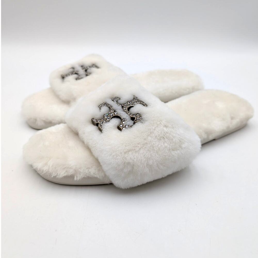 Tory Burch Jeweled Shearling Slipper Sandals Women's Ivory Size US10.5M EU41